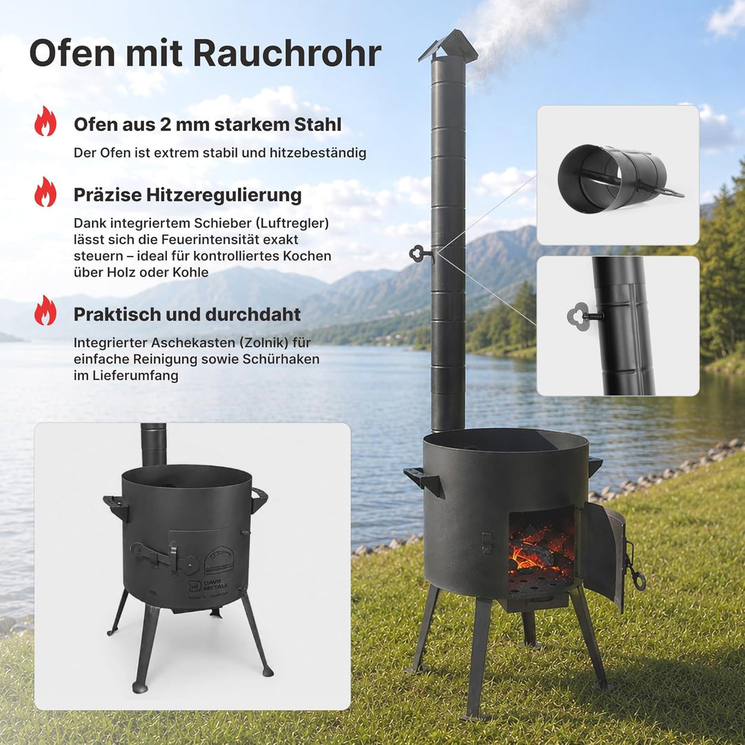 Ø36cm Uchag 2mm stahl mit Abzugsrohr Utschak Utschag Feldküche 8L Kazan WOK Kasan (Runder boden) Feu