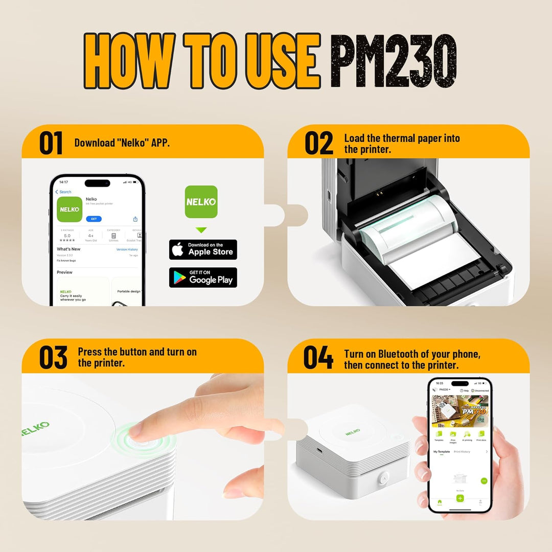 Nelko Mini Drucker PM230 Aufkleber Drucker Fotodrucker mit 3 Rollen Etiketten für Smartphone Thermod