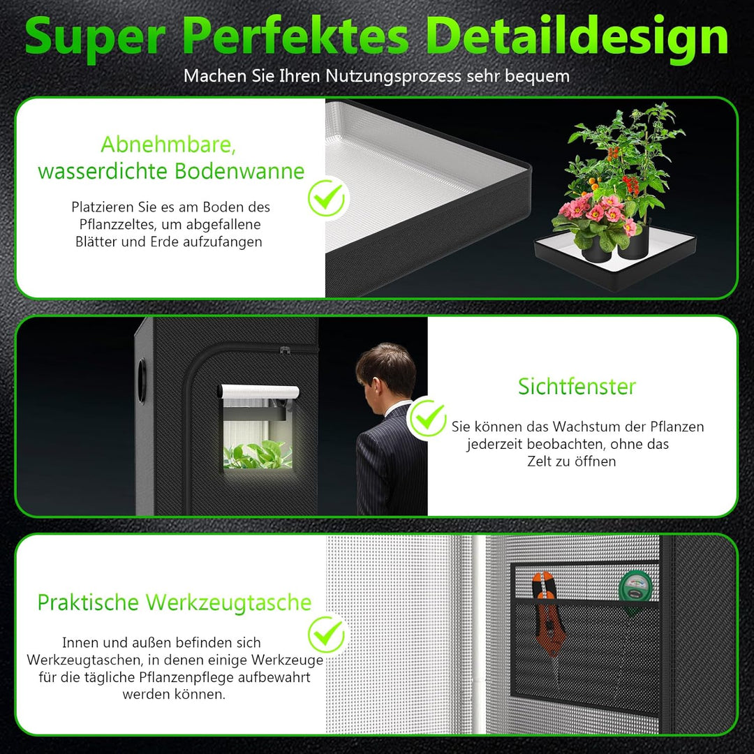 Growzelt Komplettset 120x120x200cm Grow Tent Kit mit 200W LED Vollspektrum Grow Lampe Dimmbar, GrowZ