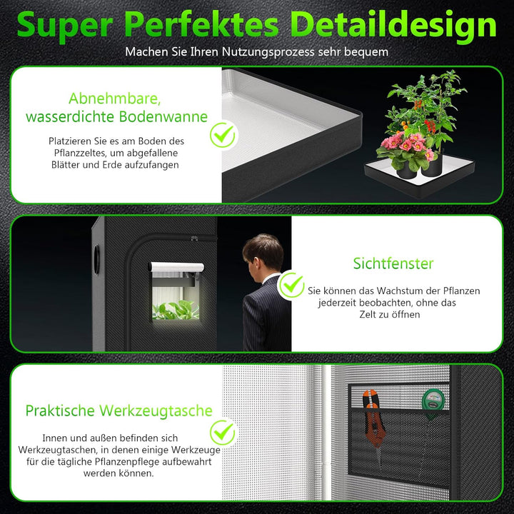 Growzelt Komplettset 120x120x200cm Grow Tent Kit mit 200W LED Vollspektrum Grow Lampe Dimmbar, GrowZ