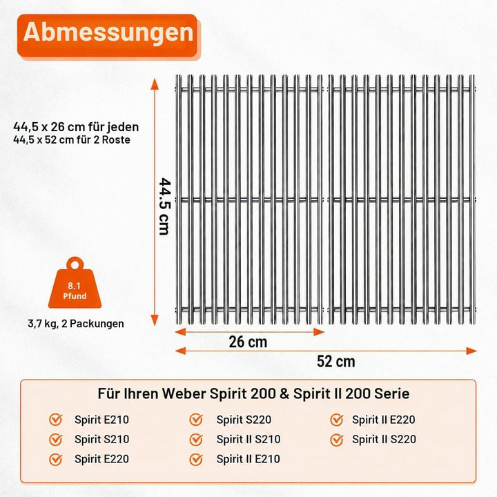 44.5 x 26cm 7637 Edelstahl Grillrost für Weber Spirit I & II E210, E220, S210, S220 (mit vorderen Br