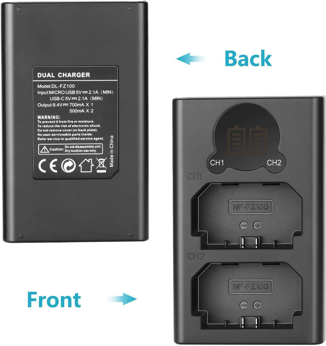 NEEWER NP-FZ100 2280mAh Ersatzakku und Ladegerät mit LCD Bildschirm, 2 Packungen, kompatibel mit Son
