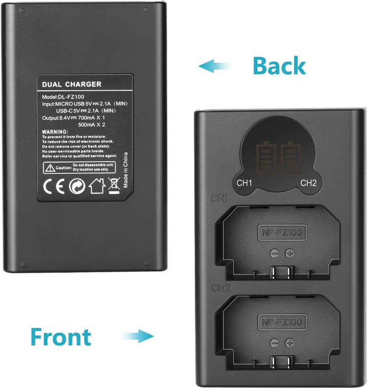NEEWER NP-FZ100 2280mAh Ersatzakku und Ladegerät mit LCD Bildschirm, 2 Packungen, kompatibel mit Son