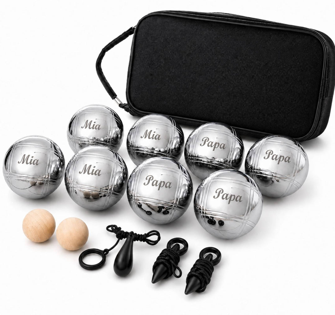 Personalisierte Boule Set, 8 Metall Kugeln mit Gravur, Boccia/Petanque Outdoor Spiel mit Tragetasche