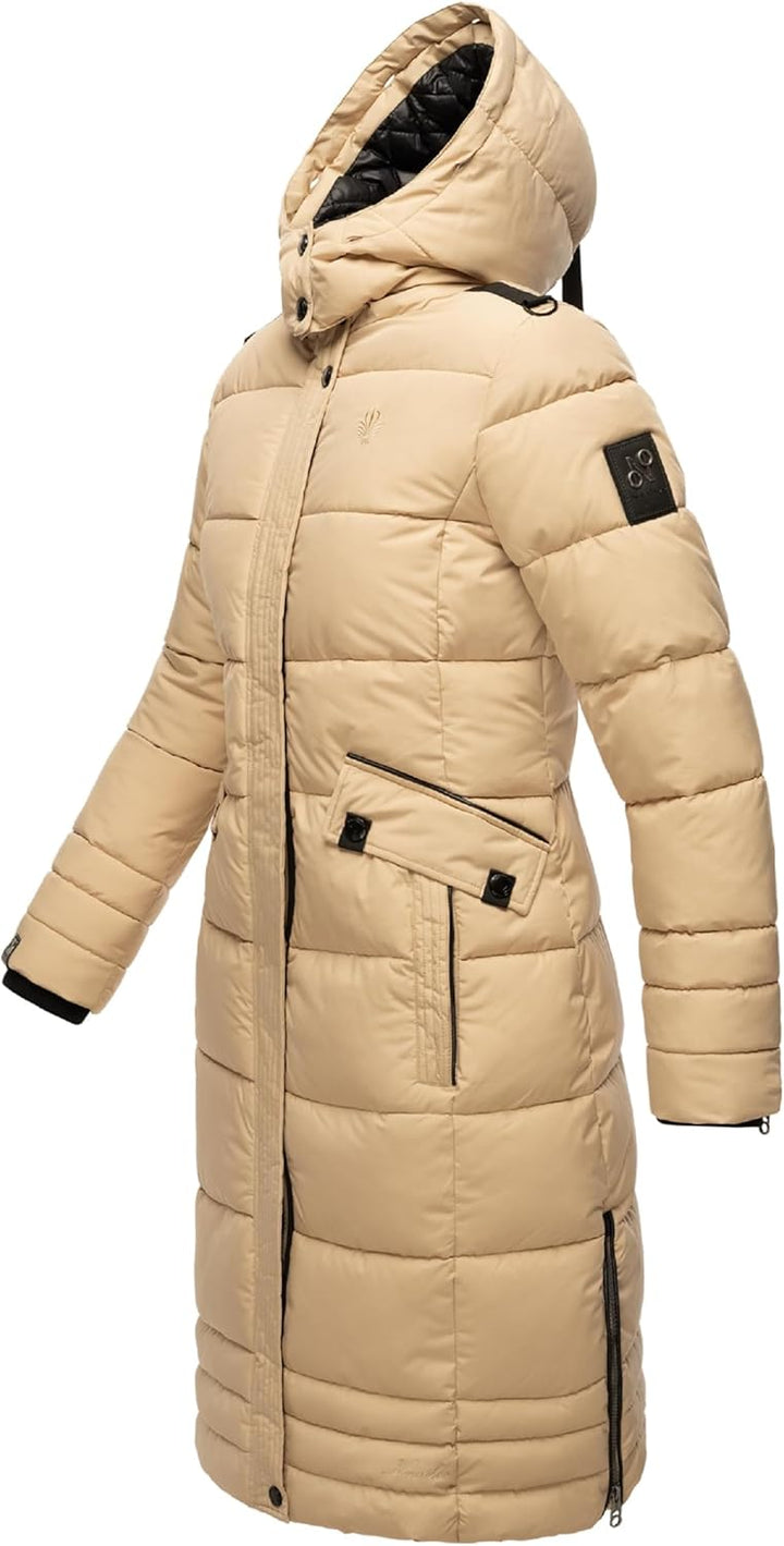 Navahoo Damen Wintermantel Warmer Steppmantel lang mit Abnehmbarer Kapuze Fahmiyaa XS-3XL M Beige, M