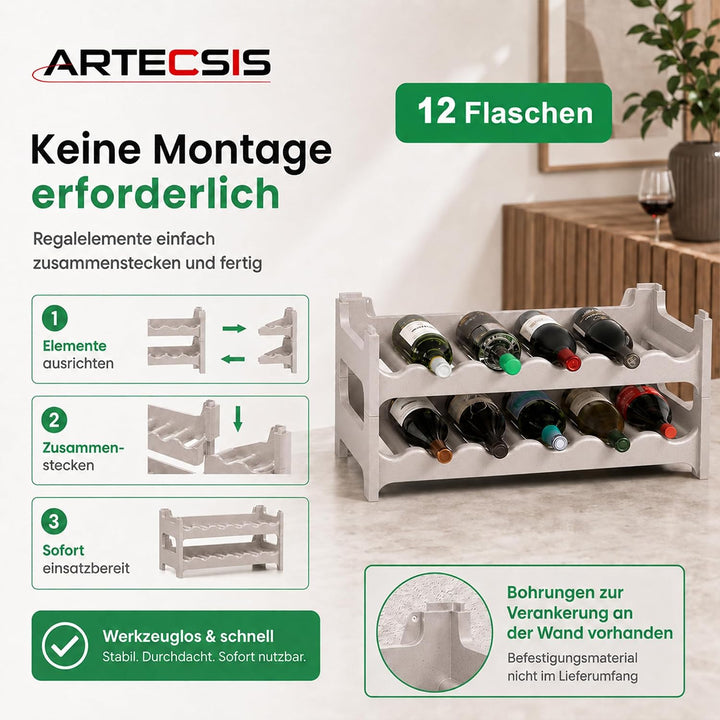 ARTECSIS Weinregal stapelbar Kunststoff für 12 Flaschen, stabiles Flaschenregal in Gastronomie-Quali