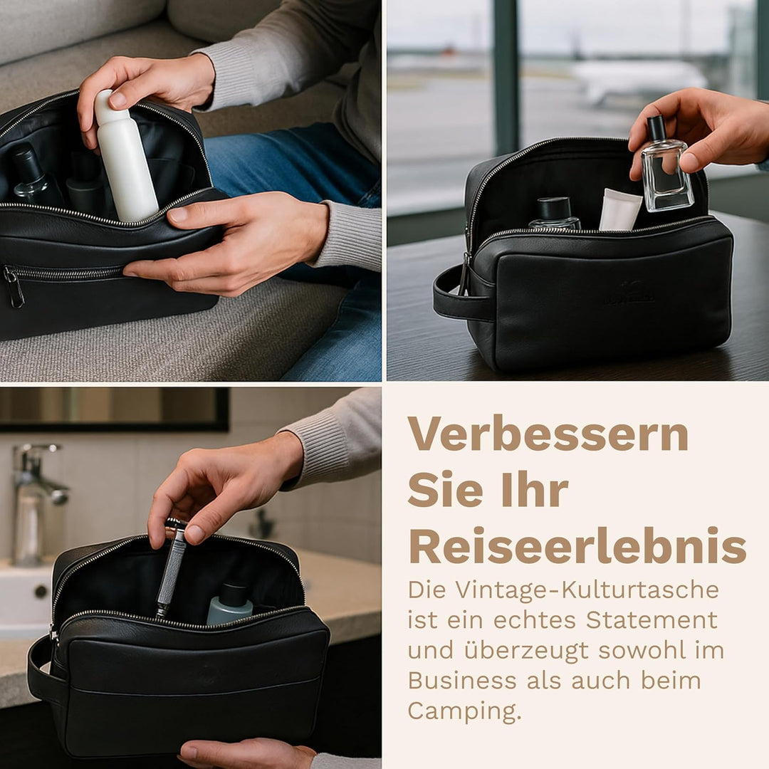 DONBOLSO Kulturbeutel Stockholm - Damen und Herren Kulturtasche aus Leder - Premium Kosmetiktasche f