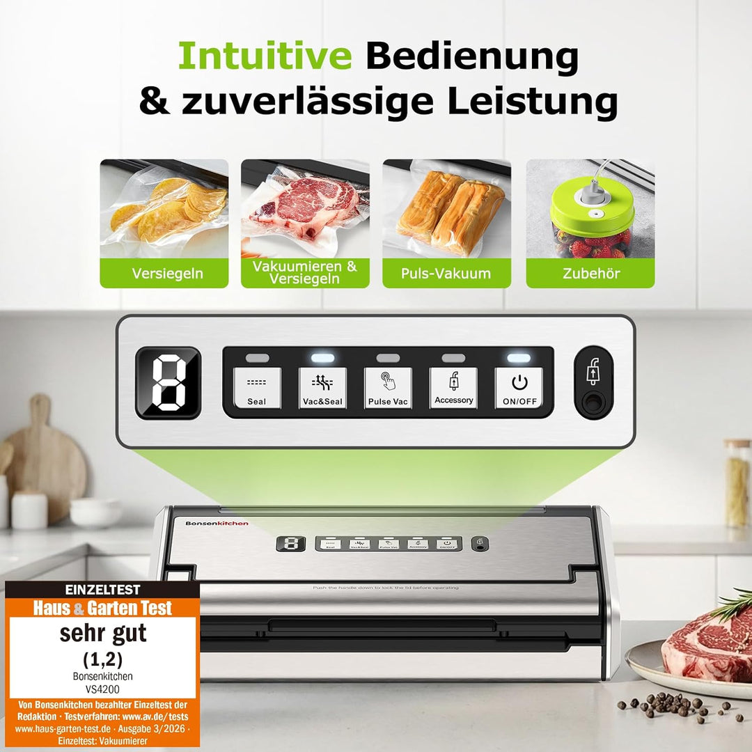 Bonsenkitchen Vakuumiergerät, 5mm Breitversiegelung auslaufsicher, Edelstahl, Einhand & Pulse Trocke