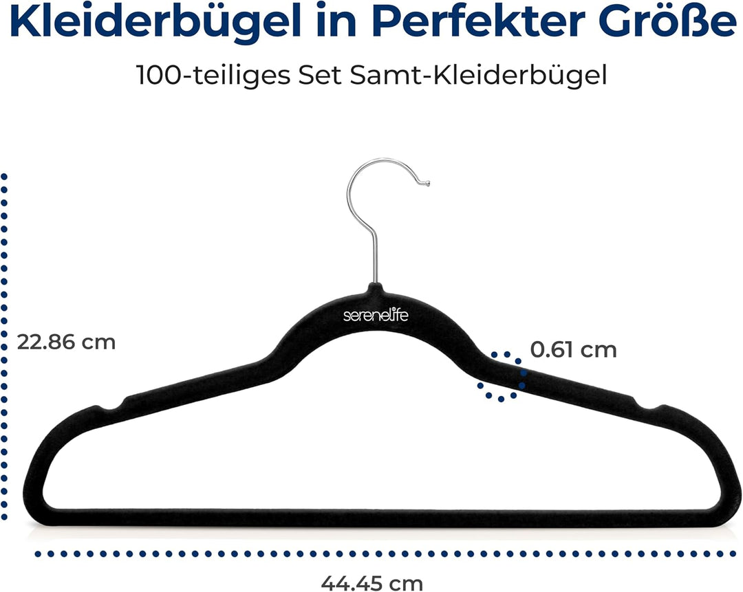 SereneLife 100 Kleiderbügel Schwarz &amp; Rutschfest– Kleiderbügel Samt &amp; Platzsparend mit drehbarem Hak