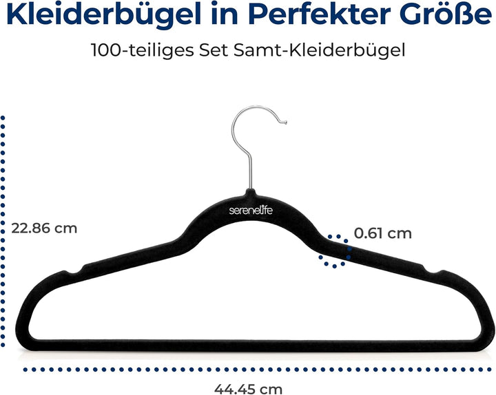 SereneLife 100 Kleiderbügel Schwarz &amp; Rutschfest– Kleiderbügel Samt &amp; Platzsparend mit drehbarem Hak