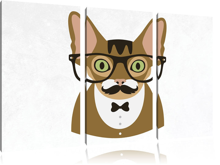 Pixxprint Hipster Katze mit Brille, Schnurbart und Fliege (Main Coon) weiss 3-Teiler Leinwandbild 12
