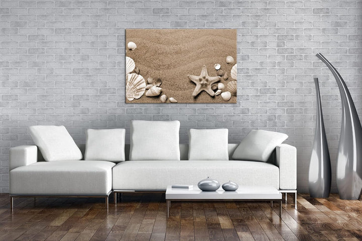 deyoli Gestrandete Muscheln zwischen feinem Sandstrand Format: 80x60 als Leinwand, Effekt: Sepia, Mo