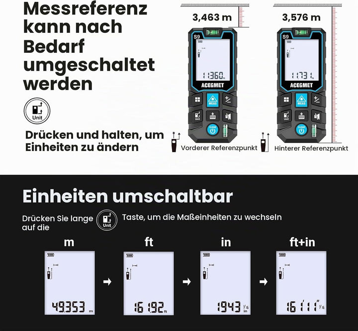 ACEGMET Laser-Entfernungsmesser Smartphone-App,Reichweite, 2 Wasserwaagen, Bluetooth,LCD-Display mit