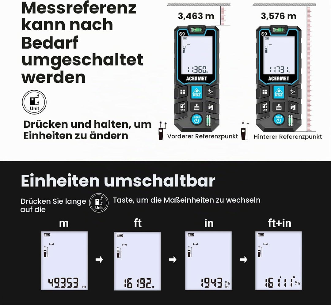 ACEGMET Laser-Entfernungsmesser Smartphone-App,Reichweite, 2 Wasserwaagen, Bluetooth,LCD-Display mit
