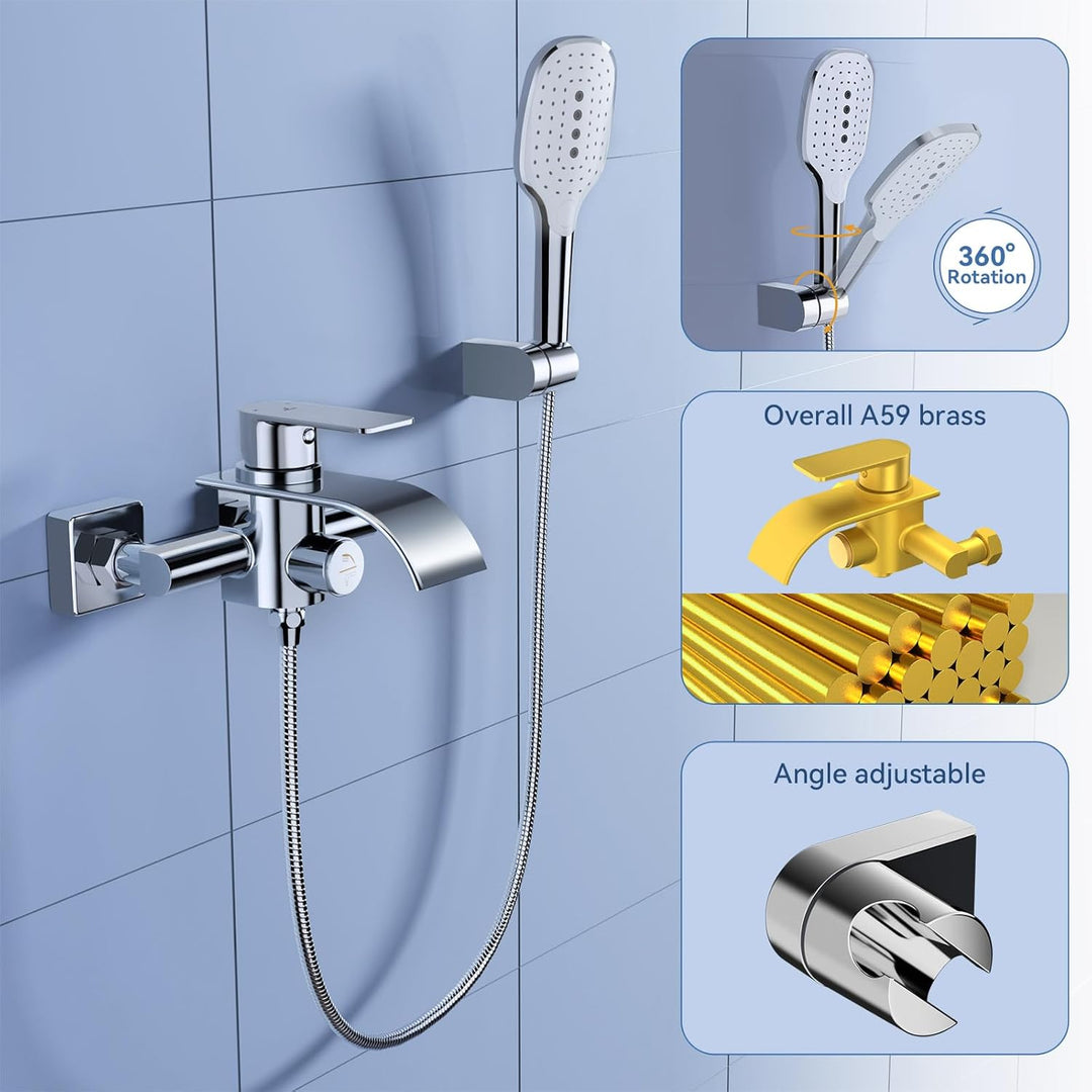 KULACO Badewannenarmatur mit Handbrause, Wasserhahn Badewanne Armatur Wasserfall, Messing Mischbatte