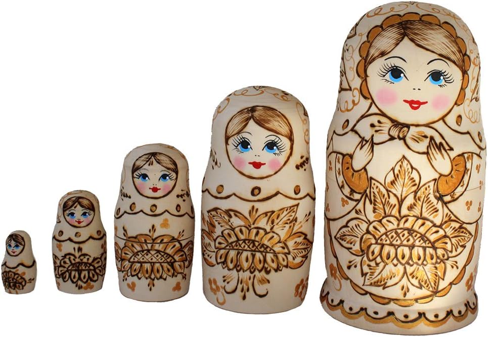 Semenowskaya Rospis Matroschka Babuschka Matryoshka Holz Figuren Sonnenblume 5 Puppen Holzbrandmahle