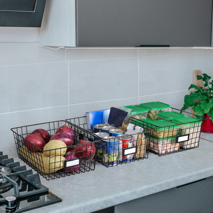 6 Stück Drahtkörbe mit Etiketten, Speisekammer-Organisation und Aufbewahrungsbehälter für Küchenschr