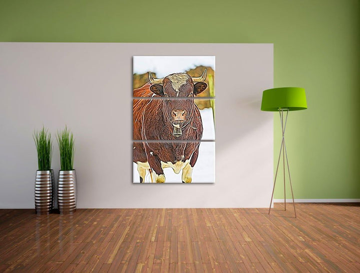 Kuhbullen in Schneelandschaft Spezial 3-Teiler Leinwandbild 120x80 Bild auf Leinwand, XXL riesige Bi