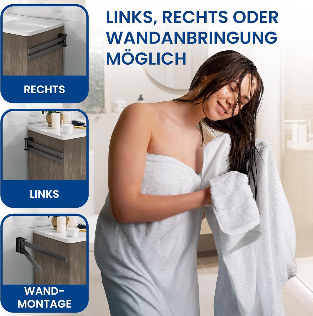 rtmr Handtuchhalter Wandmontage & Schrankmontage, 2-armig, schwenkbar, schwarz matt, Premium Gästeha