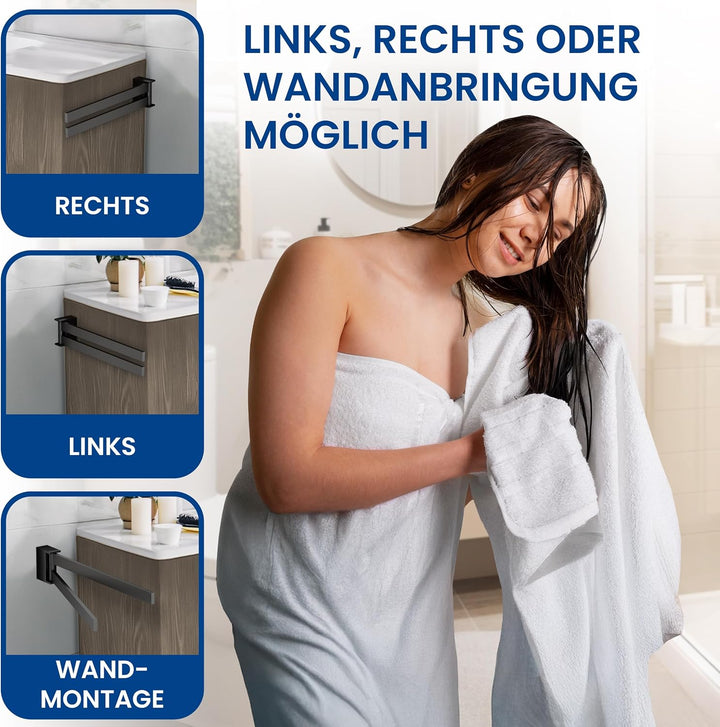 rtmr Handtuchhalter Wandmontage & Schrankmontage, 2-armig, schwenkbar, schwarz matt, Premium Gästeha