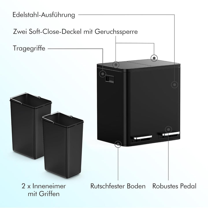 VonHaus Mülleimer 30L, Mattschwarz, Küchenmülleimer 2 Fächer, Doppelmülleimer 2 x 15L, Mülltrennsyst