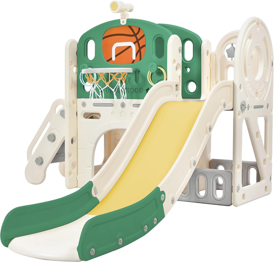 Merax Rutsche für Kinder, 6 in 1 Kinderrutsche mit Basketballrahmen, Klettern, Stauraum, Tunnel, Kin