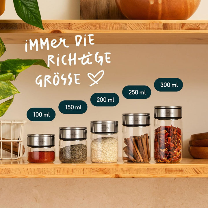 SILBERTHAL Gewürzglas 4er Set 2x 100ml, 2x 200ml Rund - mit Klickdeckel stapelbar - Vorratsglas mott