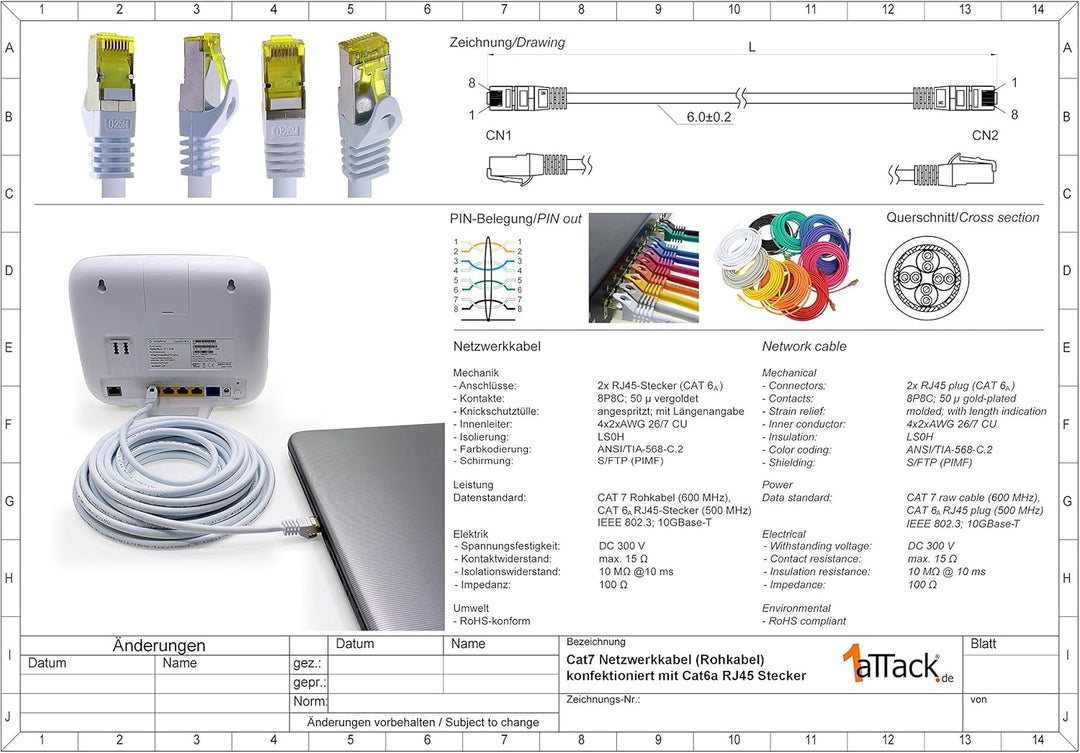 1aTTack.de Cat.7 Netzwerkkabel 30m Blau 1 Stück Cat7 Ethernetkabel Netzwerk LAN Kabel Rohkabel 10 Gb