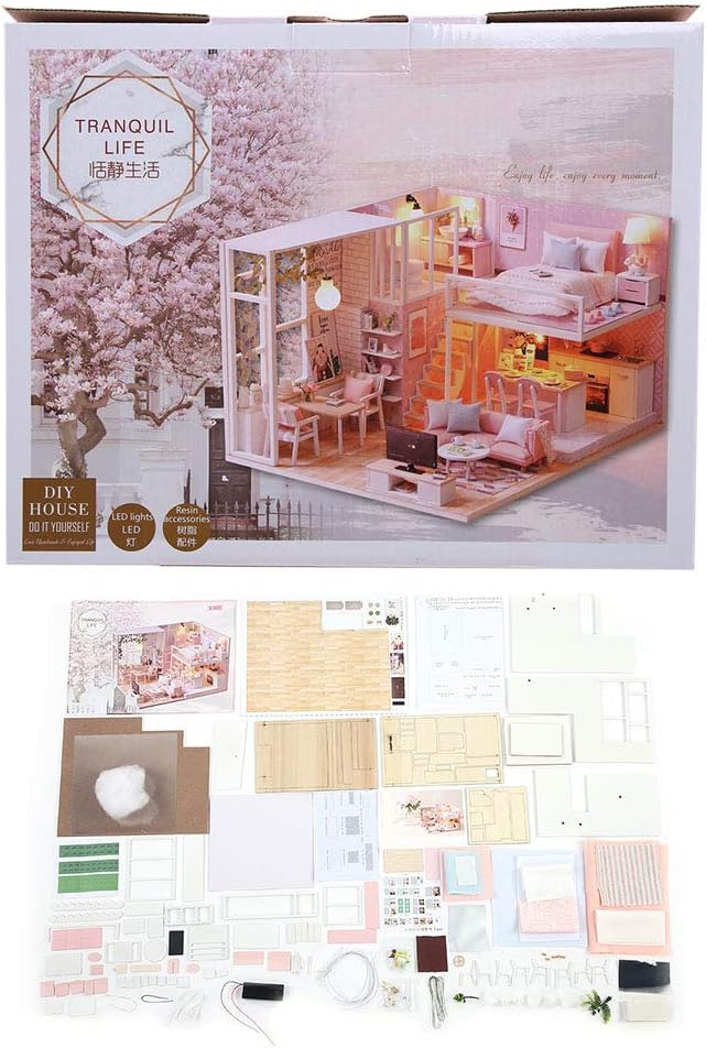 Puppenhaus Miniatur DIY Kit, Holz 1:24 Miniatur Puppenhaus LED Lichtmöbel Puppenhaus Kit DIY Haus Mo