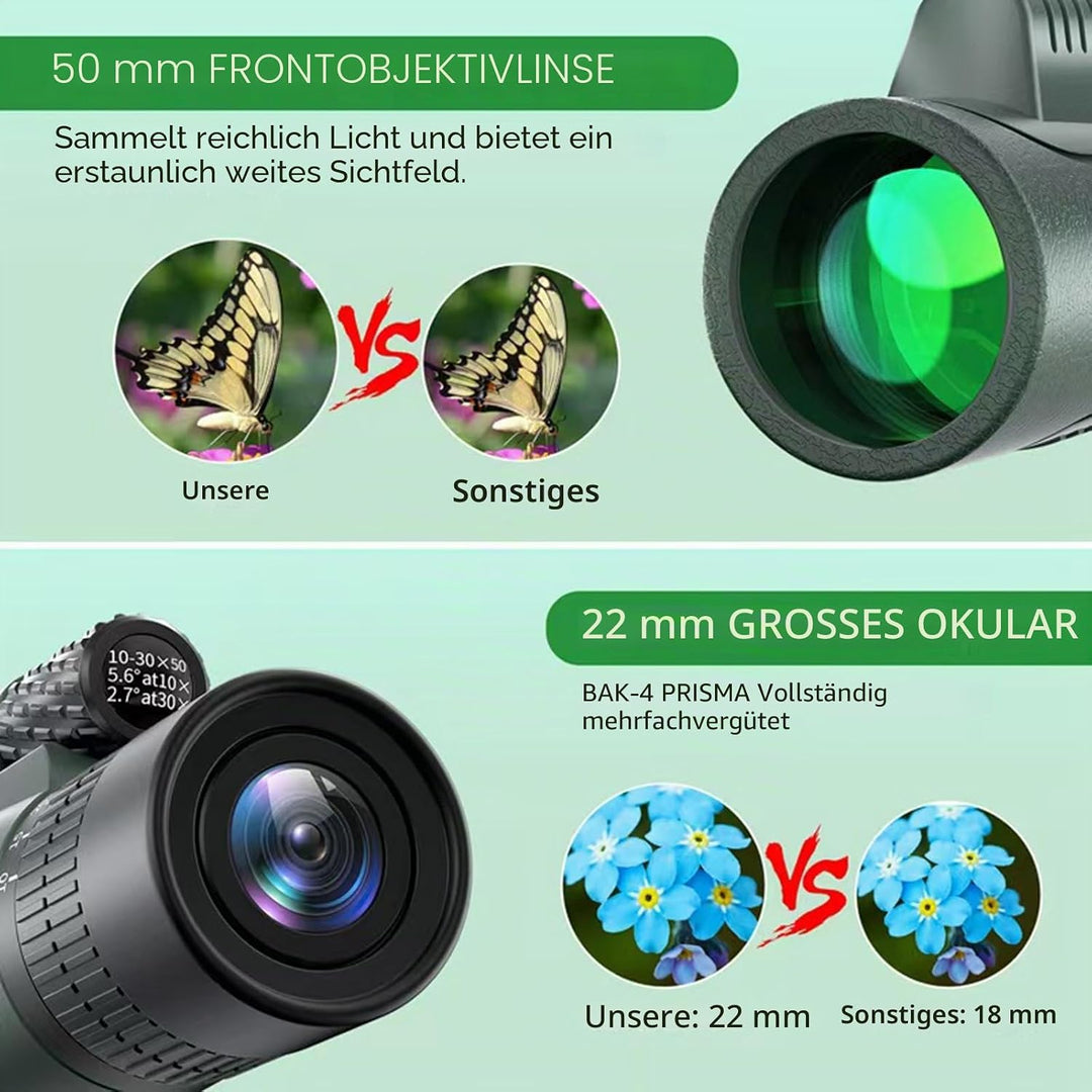 Monocular, 10-30x50 Monocular Telescope, für Erwachsene und Kinder, FMC BAK4 Prisma, Monokular klein