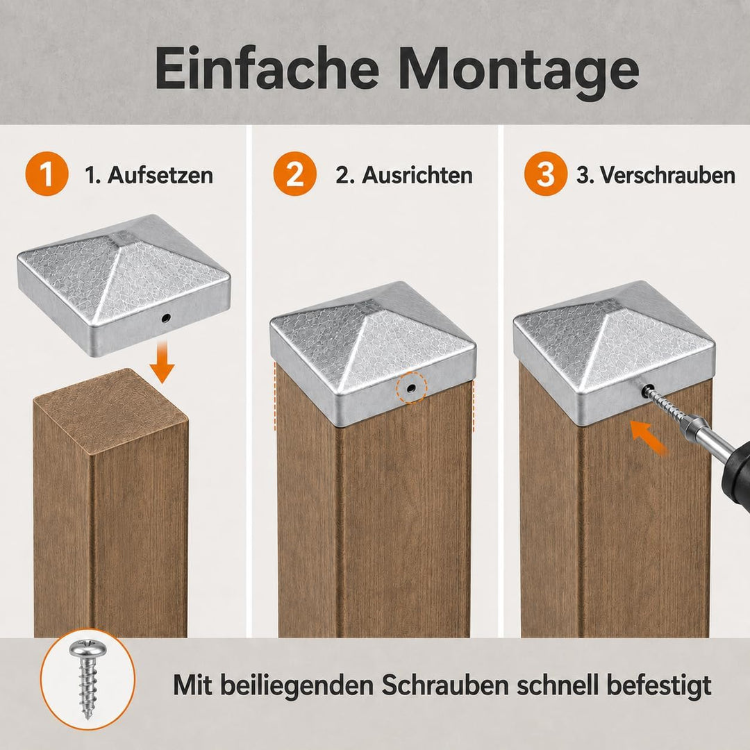 10 Stück Pfostenkappen 7 × 7cm mit 20 Schrauben | Verzinkte Metall Pfostenabdeckung in Pyramidenform