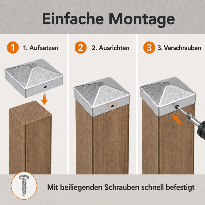 10 Stück Pfostenkappen 7 × 7cm mit 20 Schrauben | Verzinkte Metall Pfostenabdeckung in Pyramidenform