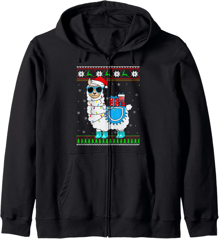 Christmas Llama Lover Sweater Santa Llama X-mas Lights Kapuzenjacke