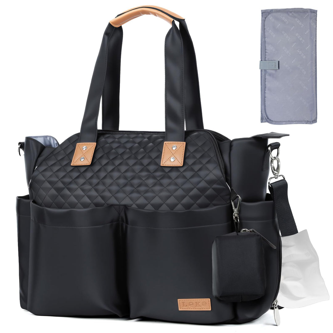 Lekebaby Baby Wickeltasche Bote gross mit Wickelunterlage für Reise Schwarz Gesteppt Schwarz Gestepp