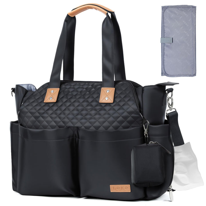 Lekebaby Baby Wickeltasche Bote gross mit Wickelunterlage für Reise Schwarz Gesteppt Schwarz Gestepp