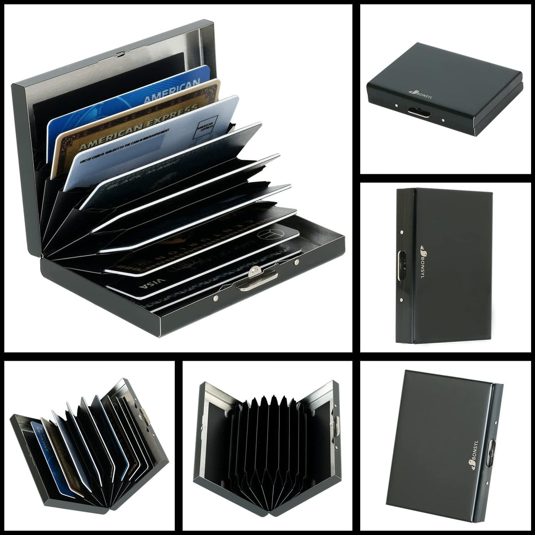 BONSYL® RFID Slim Kreditkartenetui aus Metall für Damen und Herren, Kreditkartenetui mit 10 Kartenfä