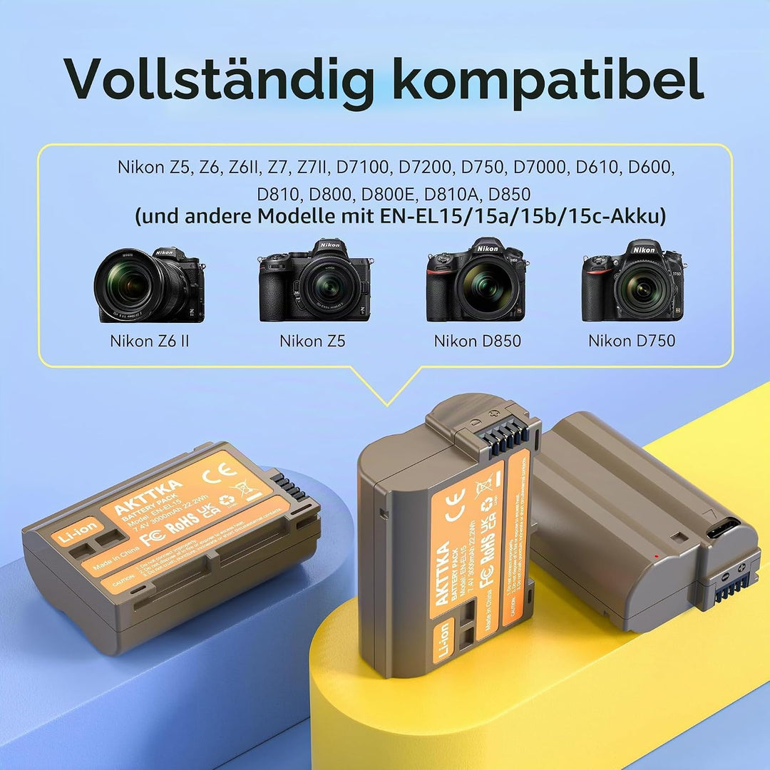 EN-EL15C Akkus 3000mAh (3er-Pack) mit direkter USB-C-Aufladung – Kompatibel mit Nikon EN-EL15/EL15C,