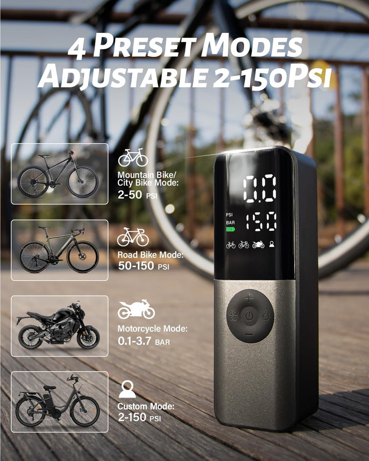 Elektrische Fahrradpumpe, Mini Fahrradpumpe 150PSI mit Digitales Druckmessgerät, Fahrradpumpen Elekt