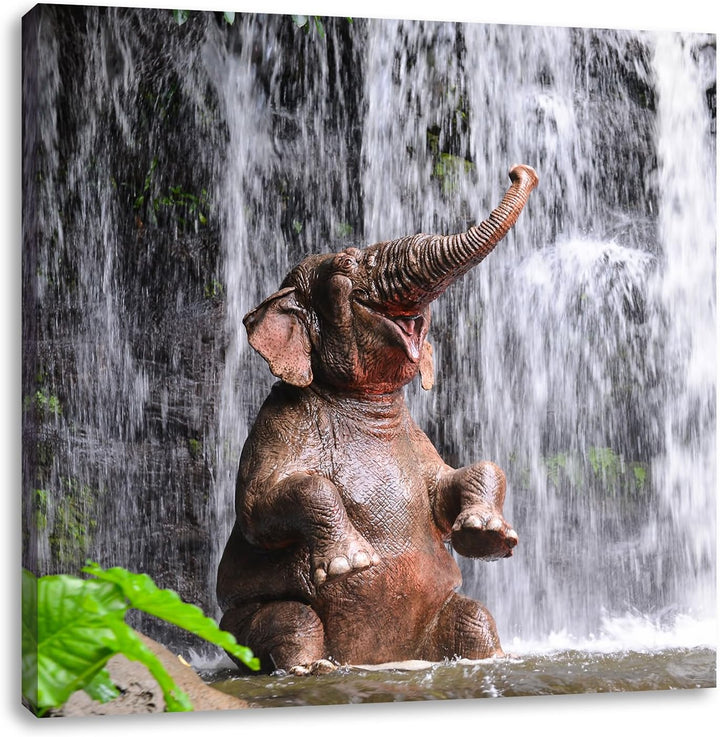 Babyelefant am Wasserfall, Format: 70x70 auf Leinwand, XXL riesige Bilder fertig gerahmt mit Keilrah