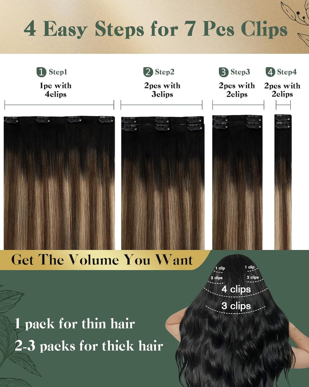 Ugeat Clip in Extensions Echtes Haar Haarverlängerungen 35cm 120g Clip in Schwarz bis Braun und Kara