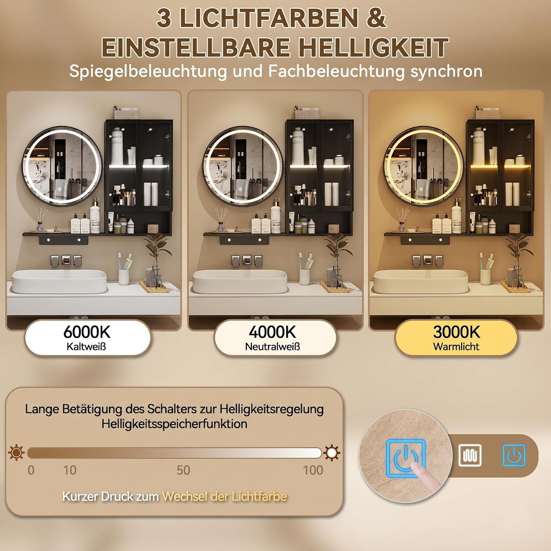 YOURLITE Badspiegel mit Beleuchtung und Ablage 50Rund,Beschlagfrei,Schrank Schwarz+schrank, Schwarz+