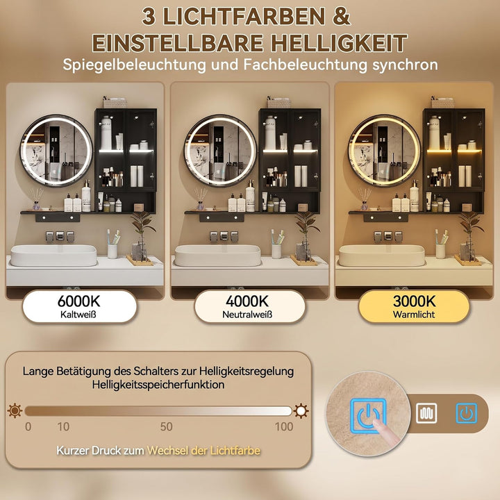 YOURLITE Badspiegel mit Beleuchtung und Ablage 50Rund,Beschlagfrei,Schrank Schwarz+schrank, Schwarz+