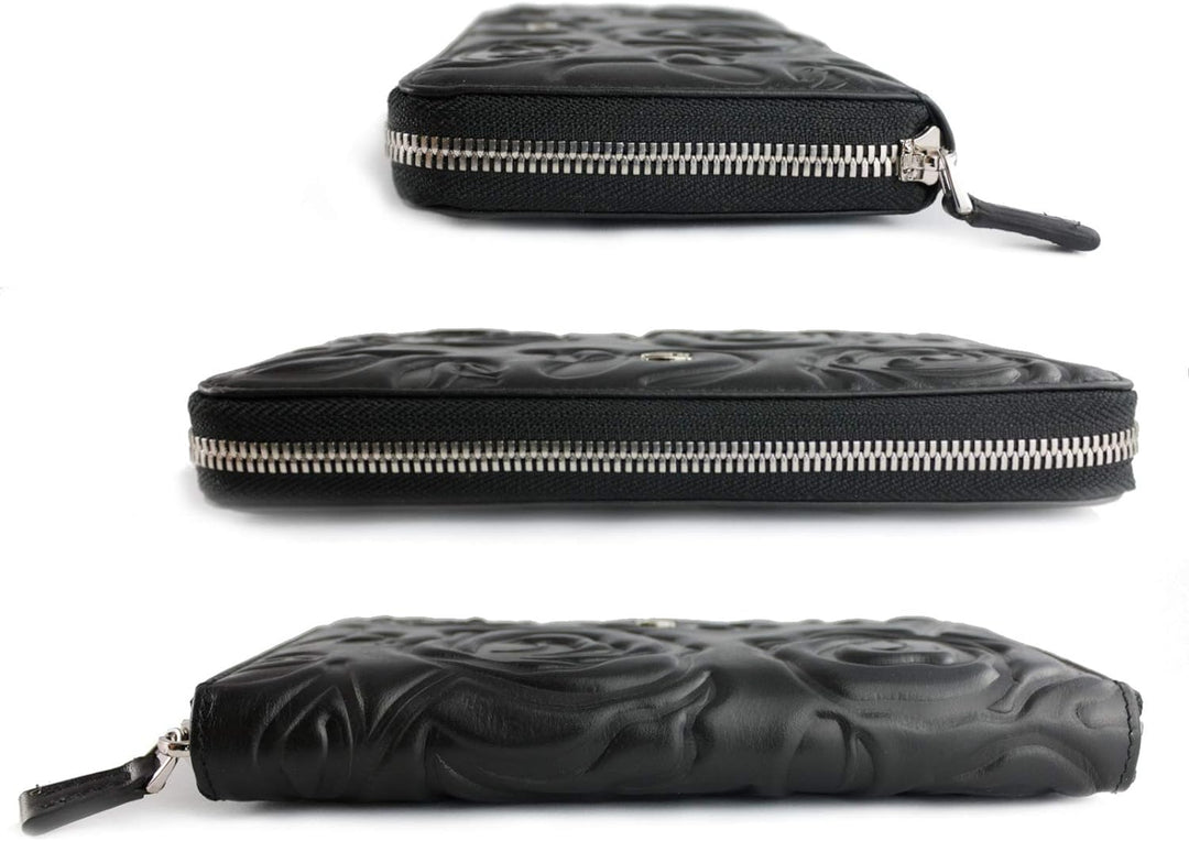 Giudi ® Geldbörse Damen Blumenprägung Schwarz Gross Echtleder Mit Vielen Fächern Schwarz, Schwarz