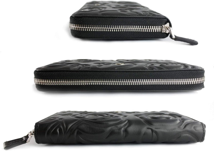 Giudi ® Geldbörse Damen Blumenprägung Schwarz Gross Echtleder Mit Vielen Fächern Schwarz, Schwarz