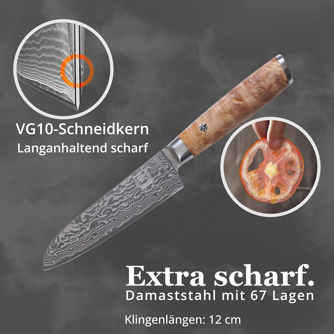 zayiko Kinone Premium Kleines Santokumesser - 12 cm Klinge, 67 Lagen Damaststahl, ergonomischer Birk