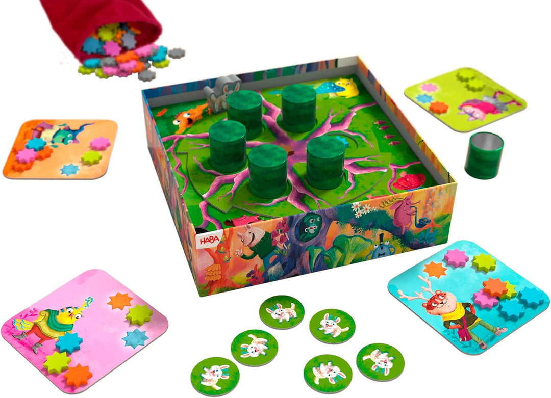 HABA Kinderspiel Sternschnuppern – Sammelspiel mit Drehmechanismus, 48 Bunte Holzsterne, 2 Spielvari