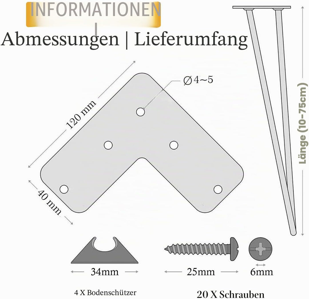 Haarnadel Tischbein 4x Hairpin Leg Möbelbein Haarnadelbeine aus Metall Tischzubehör DIY für Esstisch