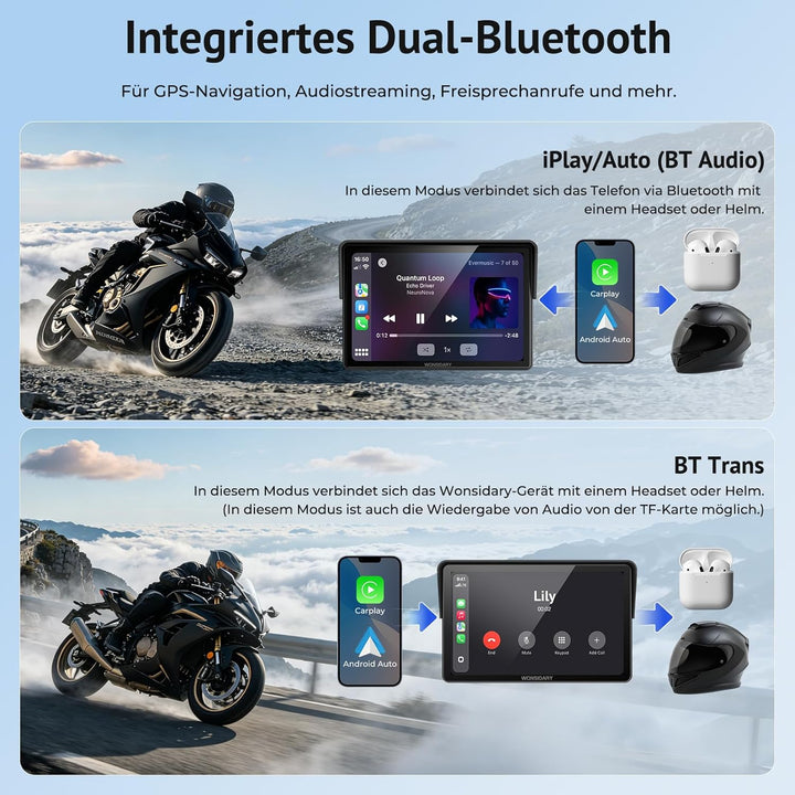 W522TPMS 5 Zoll Motorrad CarPlay Display mit TPMS &amp; Android Auto | Motorrad Navi Display mit IP67 Wa