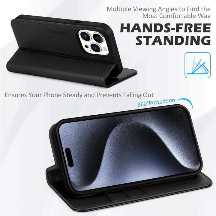 SHIELDON Hülle für iPhone 15 Pro 5G, Handyhülle [Echtleder] [Kartenfach] [Magnet] [Standfunktion] [R