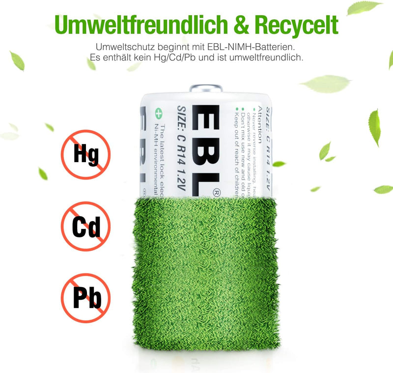 EBL Baby C Akku 5000mAh - NI-MH wiederaufladbare Batterie 4er Pack mit Aufbewahrungsbox, 1,2V Typ C